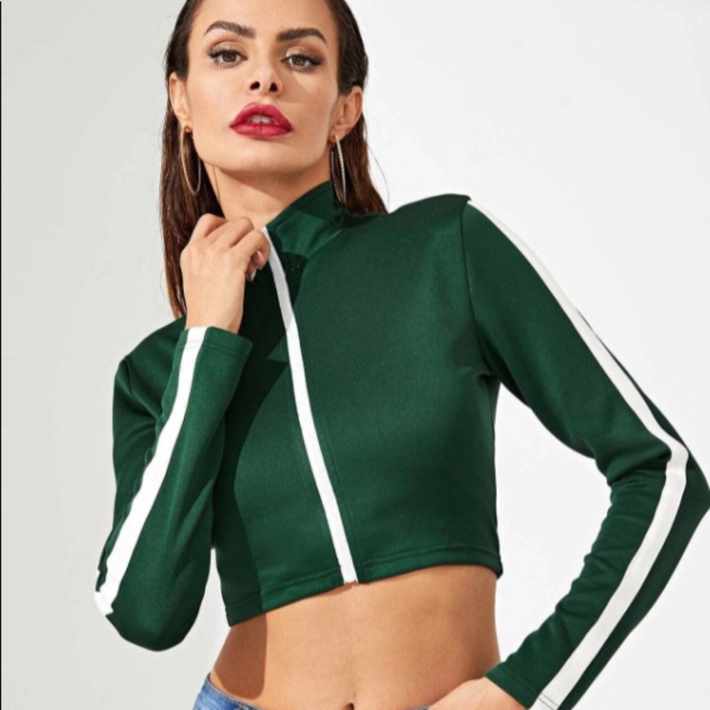 Dark Green Contrast Stripe Cropped Track Jacket XS